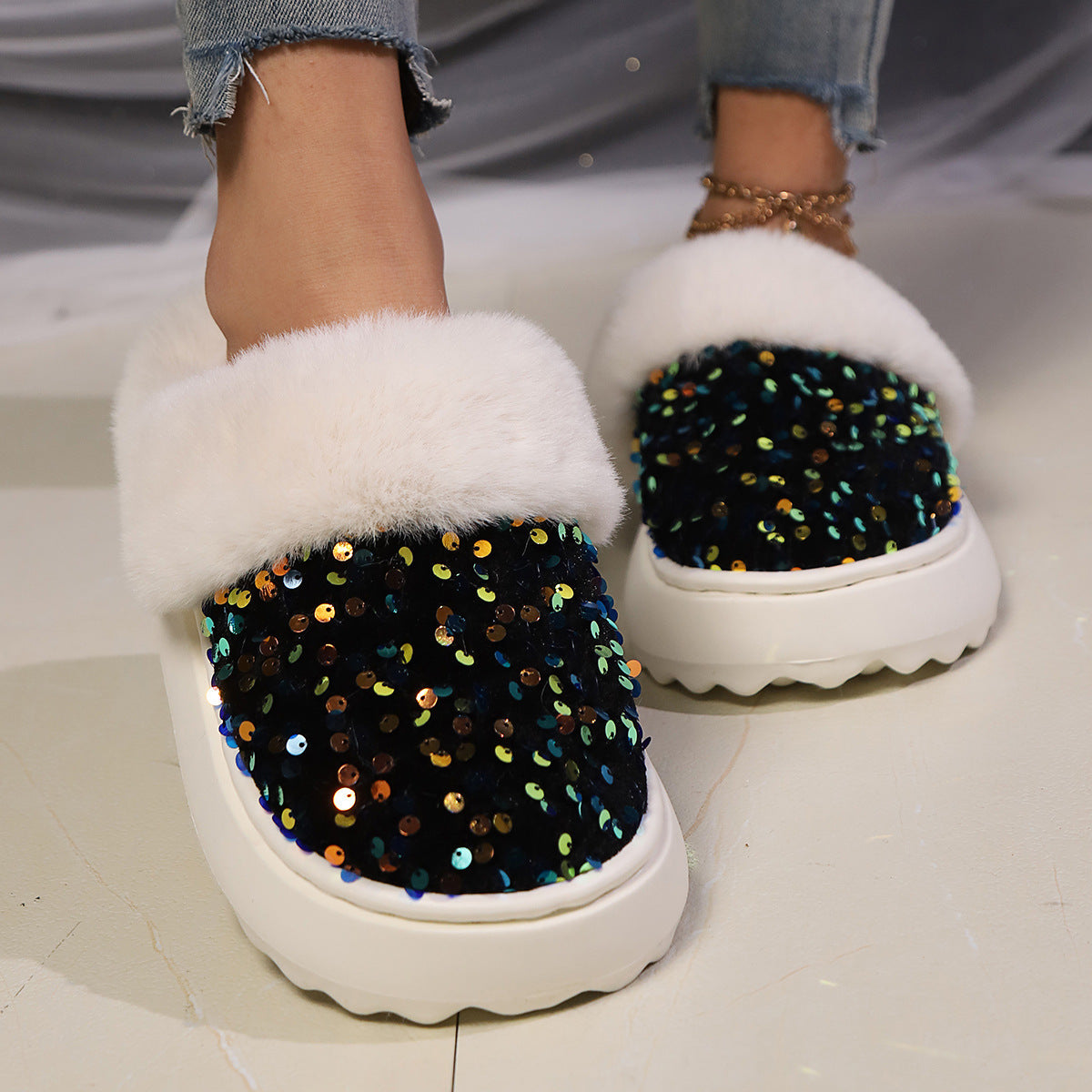 Sequined Large Wool Mouth Plush Toe Cap Cotton Slippers