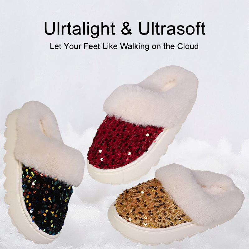 Sequined Large Wool Mouth Plush Toe Cap Cotton Slippers
