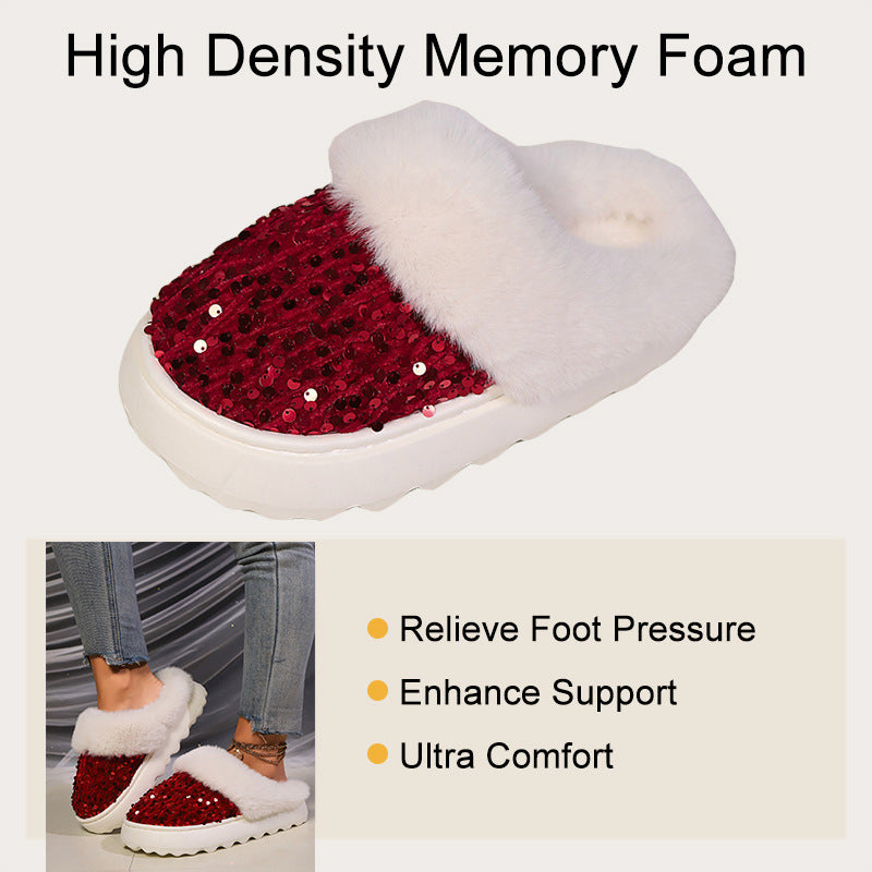 Sequined Large Wool Mouth Plush Toe Cap Cotton Slippers